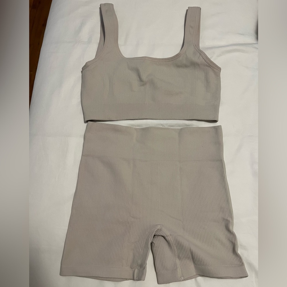 Beige Ribbed Tank and Shorts Set